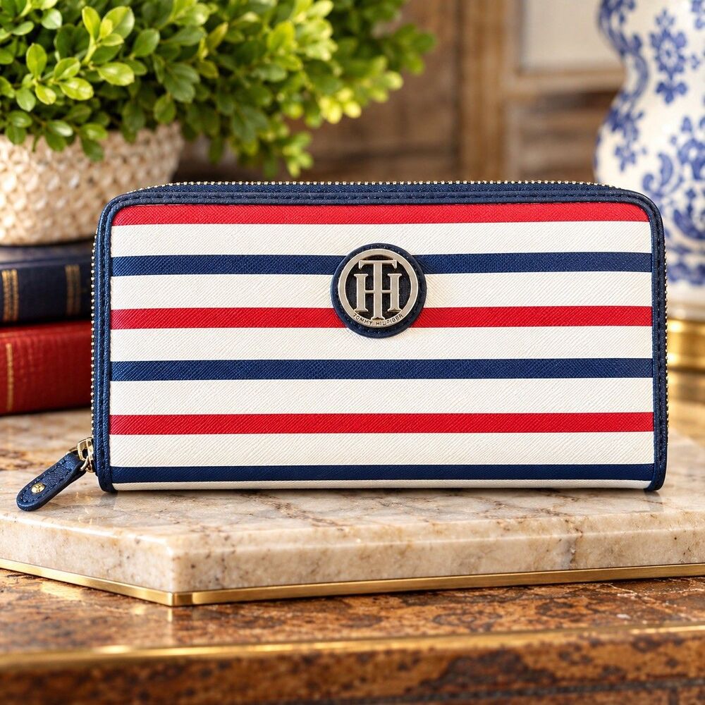 Tommy Hilfiger Red White Blue Striped Large Zip Around Phone Wallet Americana